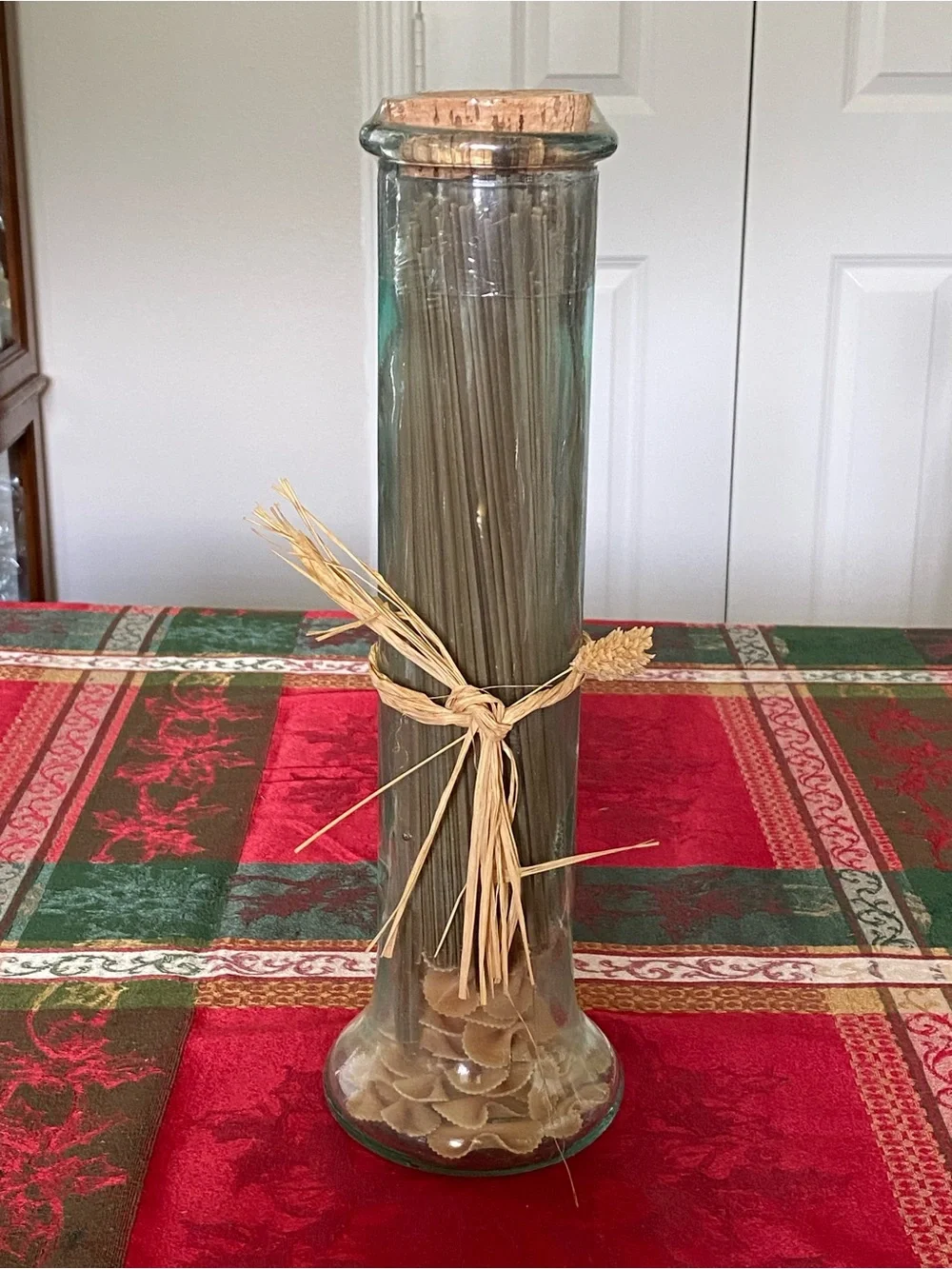 Vintage Pier 1 Green Glass Spaghetti Pasta Storage Jar Natural Raffia Accent New